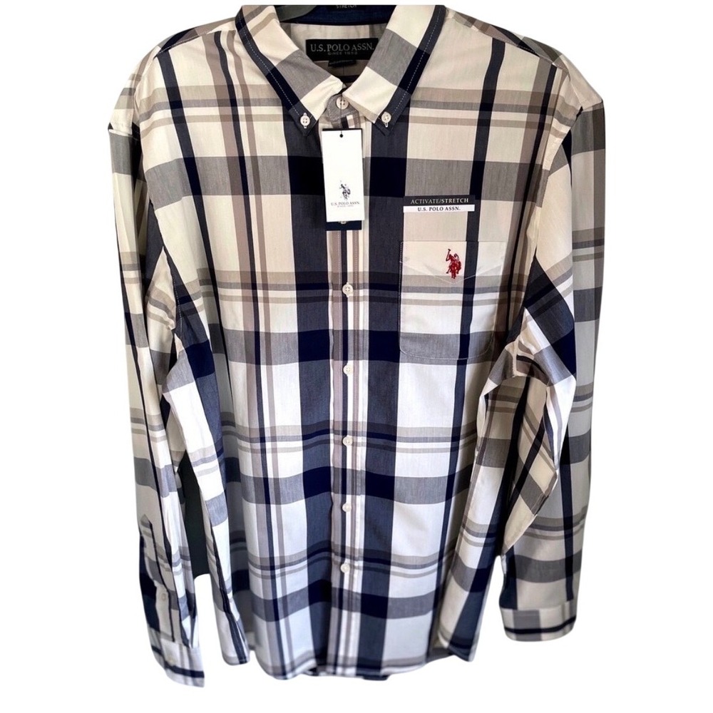 US Polo Assn Mens Long Sleeve Plaid Button Down Shirt Activate Stretch Large NWT